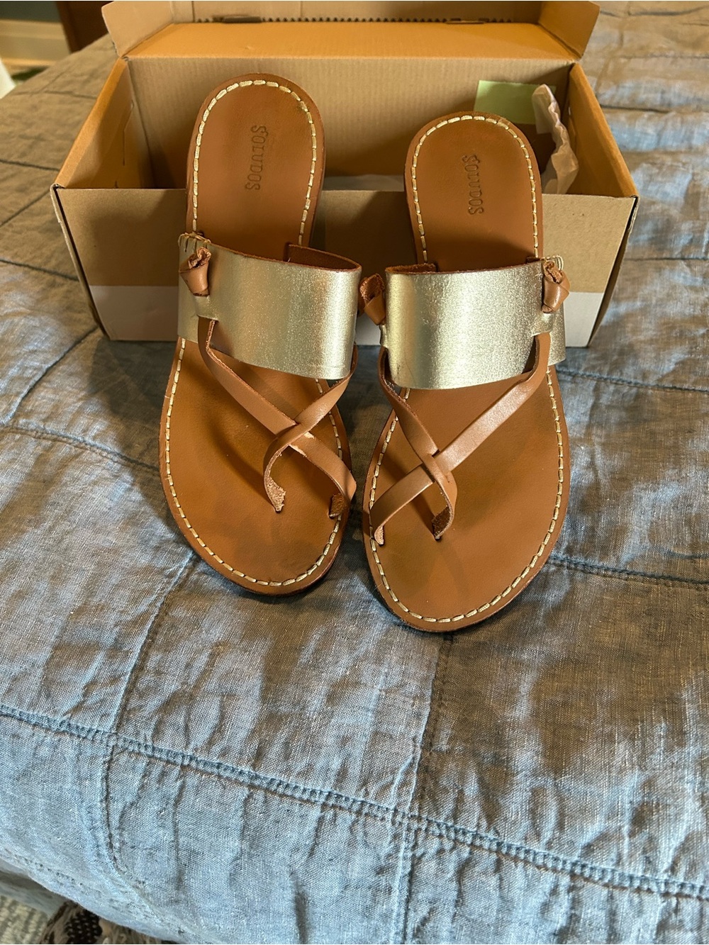 Soludos Metallic Gold and Tan Leather Cross-Strap Slide Sandals
